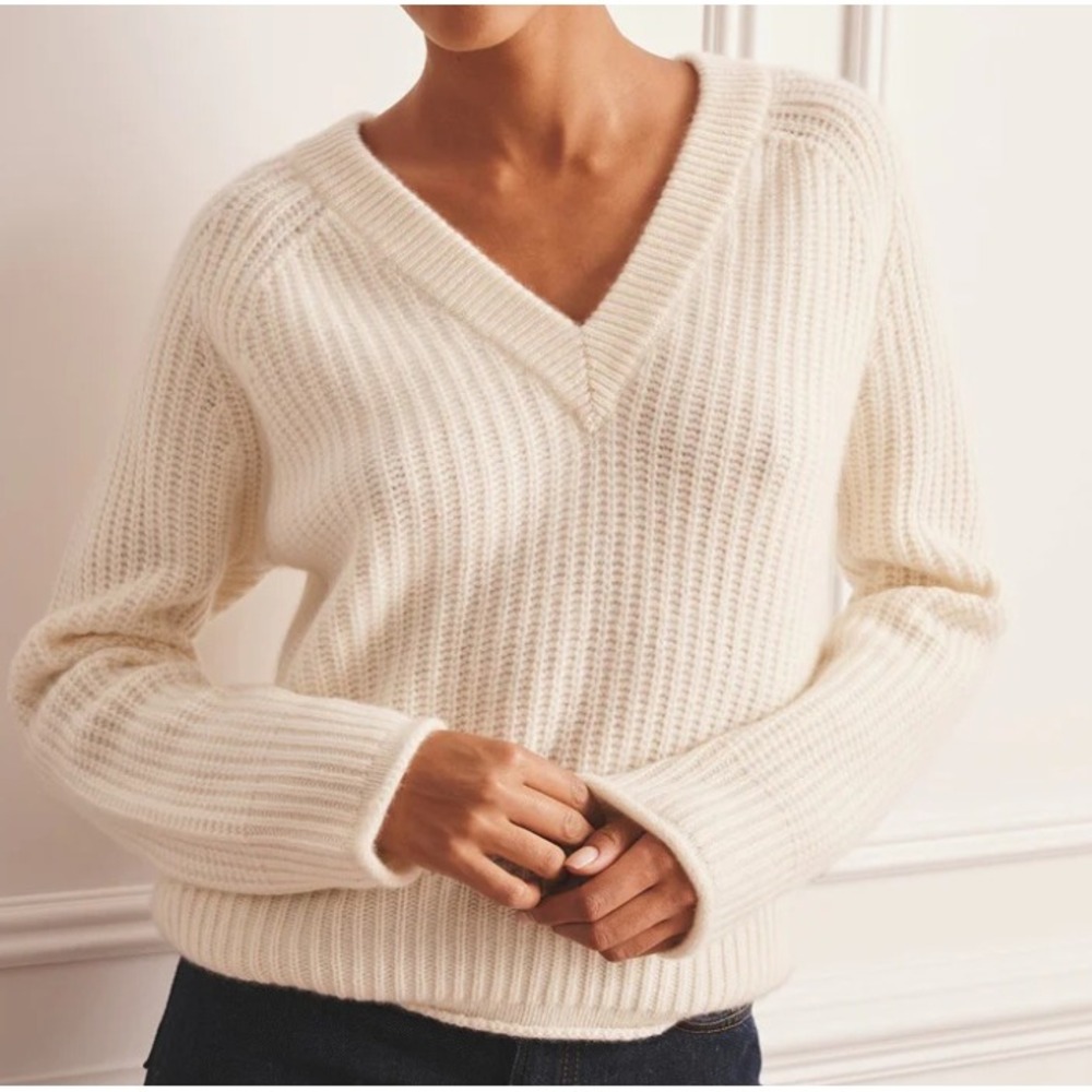 Naadam Luxe‎ Cashmere Fisherman V-Neck Sweater Womens XL Cream Soft Quiet Luxury